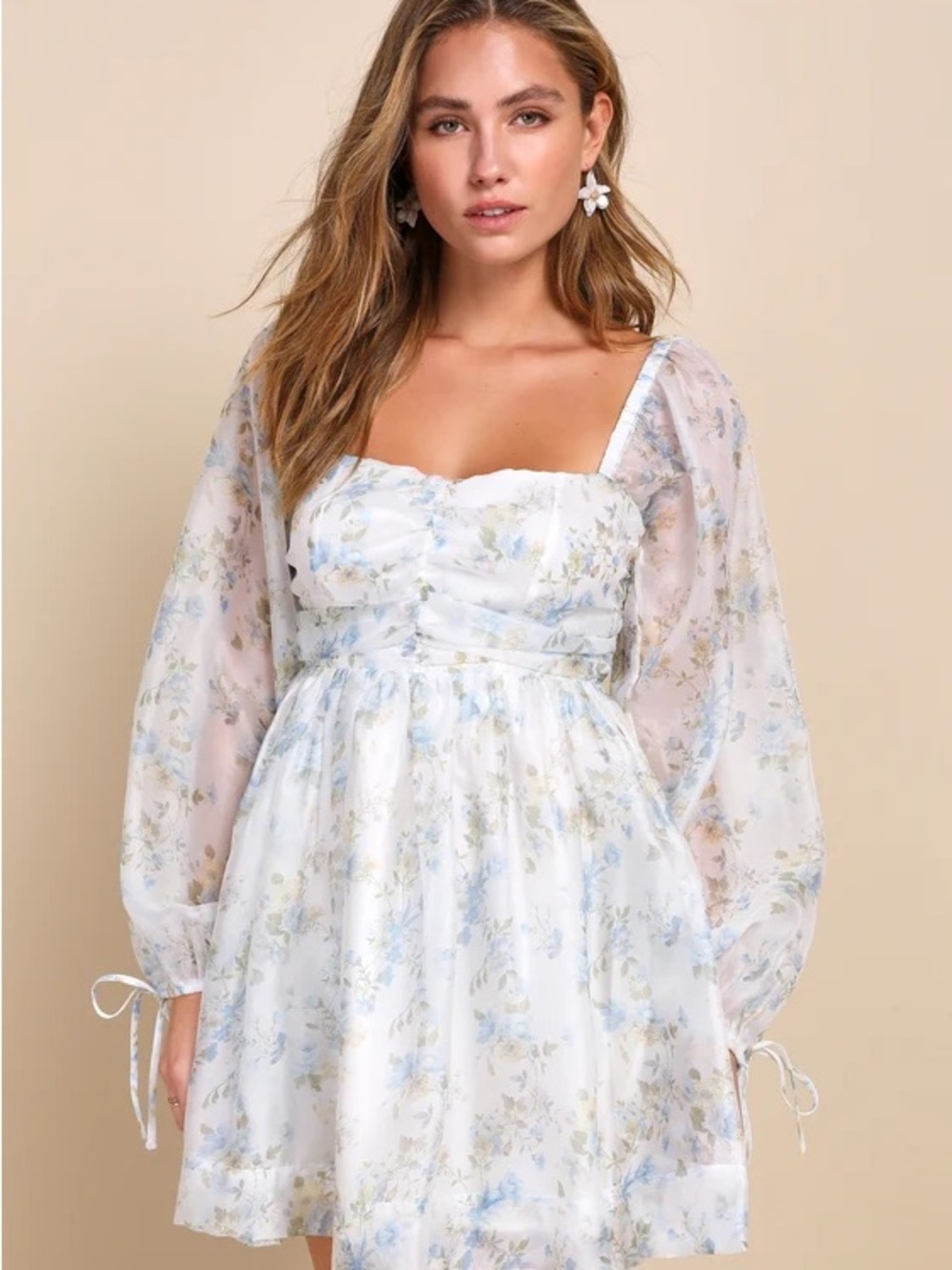 Lulu's White Mini Dress with Light Blue and Cream Floral Print